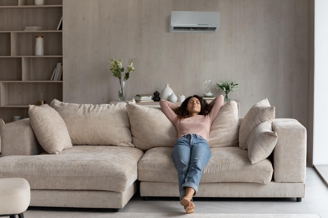 Living room with a wall unit above the sofa